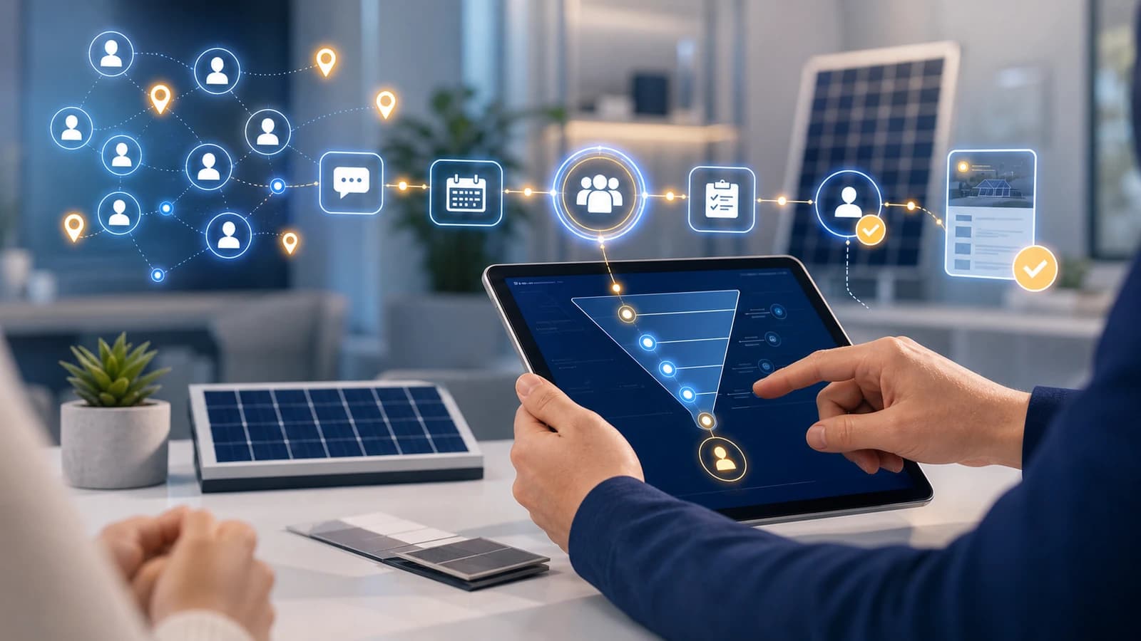 Eine Vertriebsfachkraft für Solar prüft einen Lead-Funnel auf einem Tablet, umgeben von einem vernetzten Interessentennetzwerk und einer Pipeline vom Erstkontakt bis zum fertigen Angebot